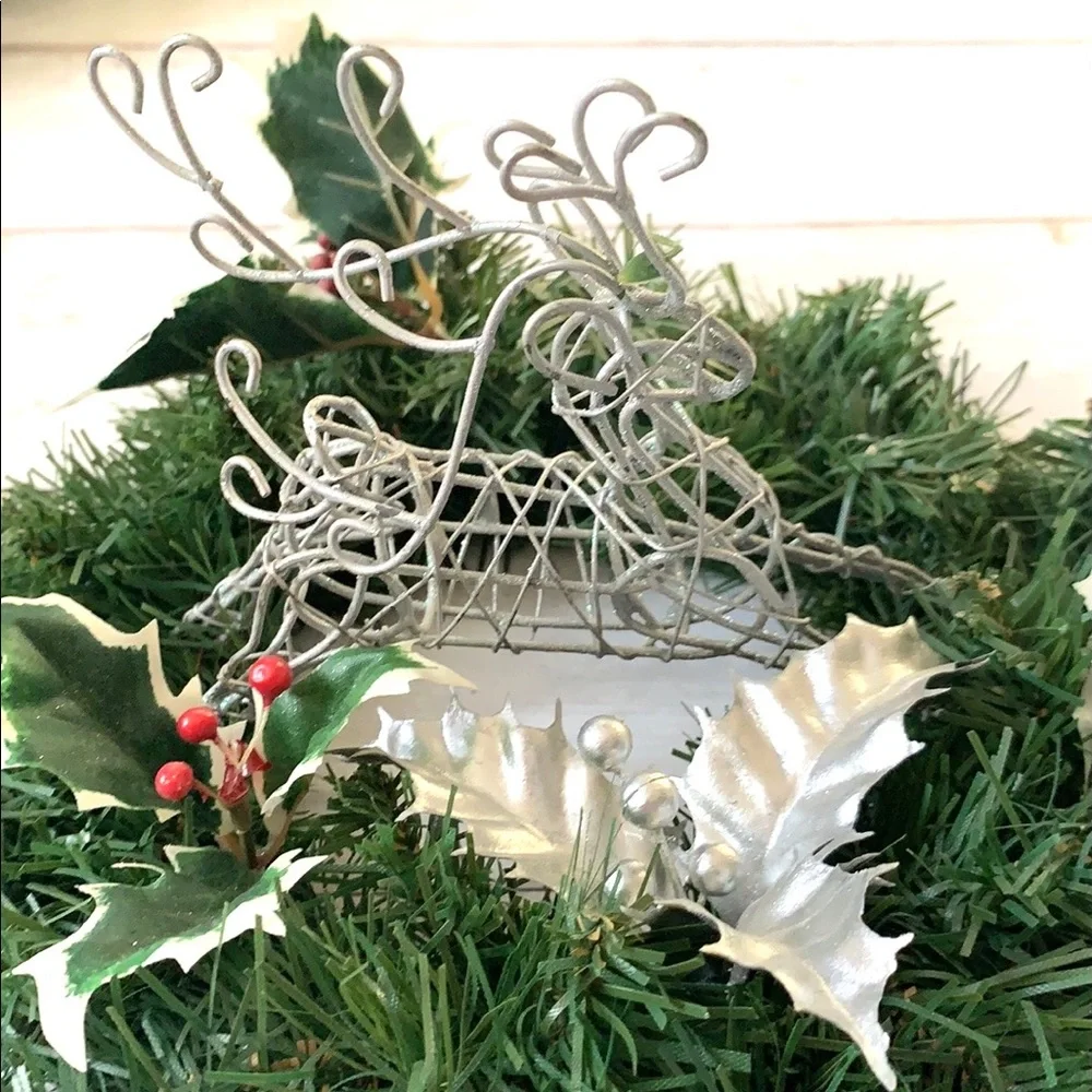 Christmas Holiday Candle Ring Wreath Table Decor Faux Plants Silver Reindeer